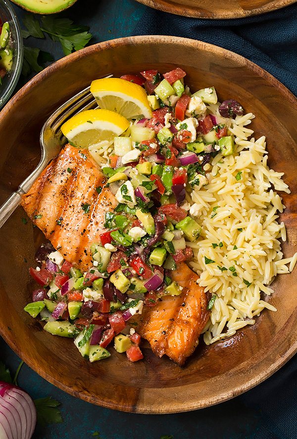 Healthy Grilled Salmon: Avocado Greek Salsa and Orzo Weeknight Meal